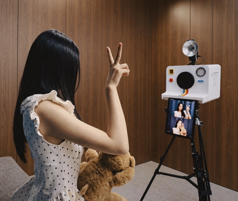 A girl uses an instant-style selfie camera in a clean, wood-grain space.
